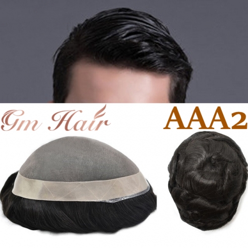 GM Hairpiece Fine Mono Mens Toupee 1'' Poly Coating Human Hair System Wig Hairpiece For Men