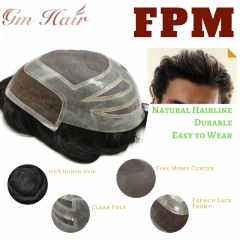 GM Hairpiece French Lace Front Mens Hair System Fine Mono Hairpiece Poly Skin 100% Human Hair Natural Hairline Hair System