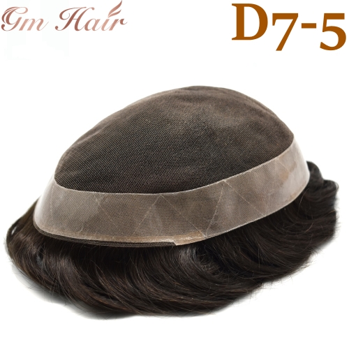 GM Hairpiece French Lace Mens Toupee Lace Poly Hairpiece Skin PU Around Human Hair Replacement System For Men D7-5