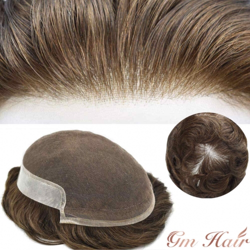 GM Hairpiece French Lace Mens Toupee Bleached Knots Breathable Natural Hairline Poly Skin Mens hairpieces Human Hair Systems For Men