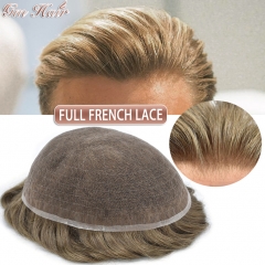 GM Hairpiece Full French Lace Mens Toupee Bleached Invisible Knots Hair Systems for men Transparent Breathable Natural Lace Front Hairline